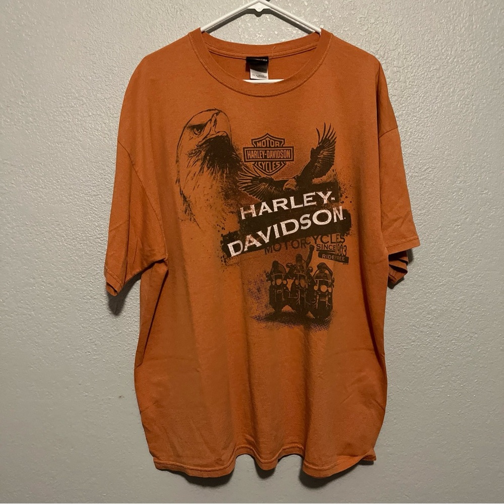 HARLEY DAVIDSON T-Shirt Men's Orange Graphics Short Sleeves Eagle Biker Theme